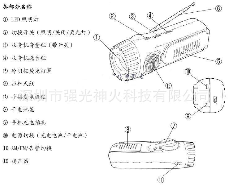 曰本多功能手电筒强光灯手摇发电手电筒收音机报警器